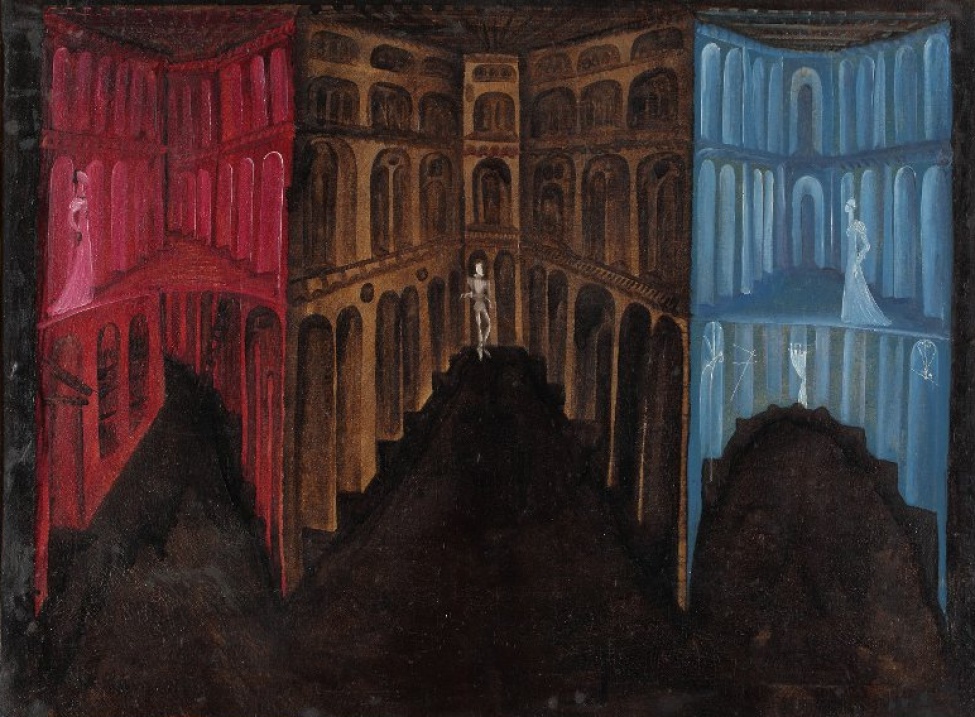 Изображены красные, коричневые, голубые декорации зданий с женскими фигурами справа и слева на втором ярусе. Внизу на коричневом полу изображена мужская фигура.