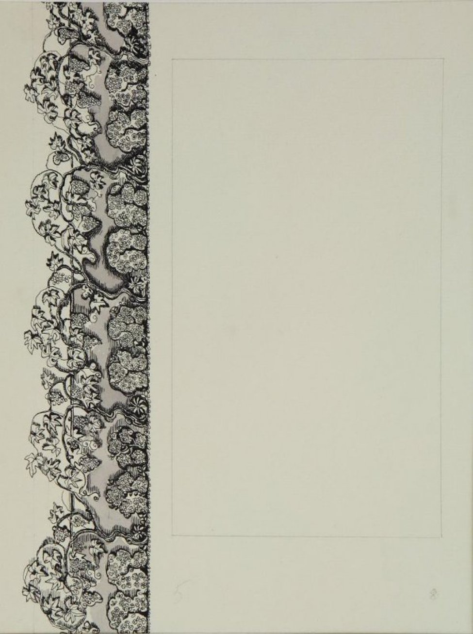 В левой части листа - вертикальный орнамент из стилизованных кустарников и виноградных лоз.