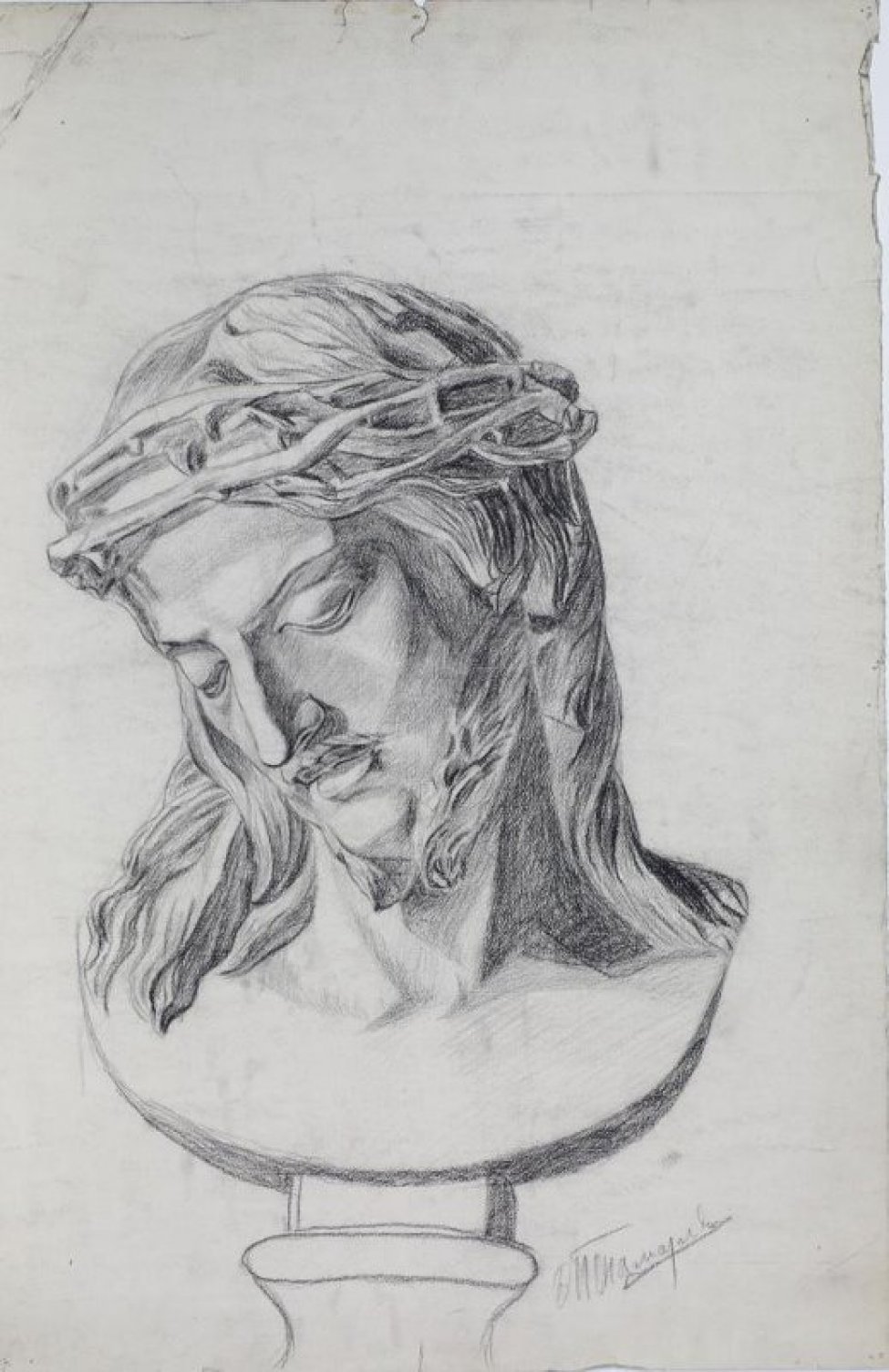 Изображен Христос в терном венке;  голова наклонена влево и вниз. Длинные волосы прядями спускаются на плечи. Глаза полузакрыты. Лицо обрамляет маленькая бородка.