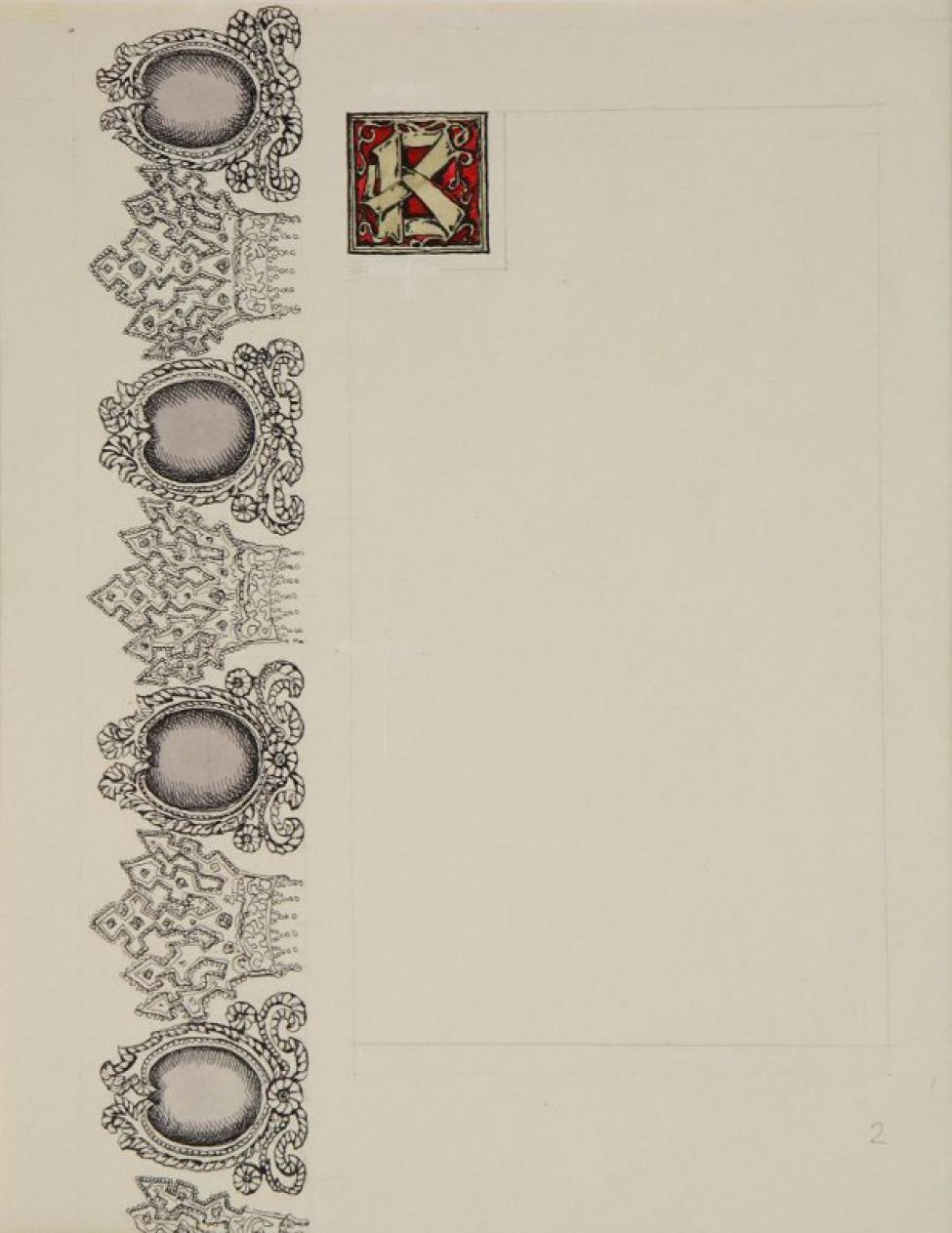В левой части листа по вертикали - орнамент из венцов и зеркал. В верхней части, справа от орнамента - орнаментированная буква "В" в квадрате на красном фоне.