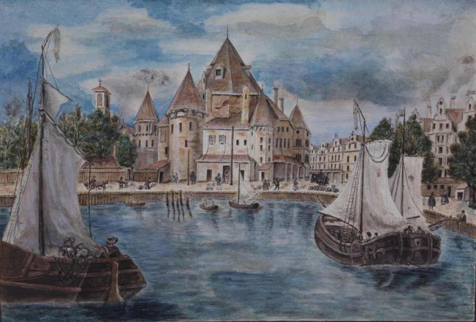 Изображена часть города на берегу. На первом плане вода с двумя парусными судами и лодками. На берегу в центре большое каменное здание, справа и слева от него другие городские постройки.