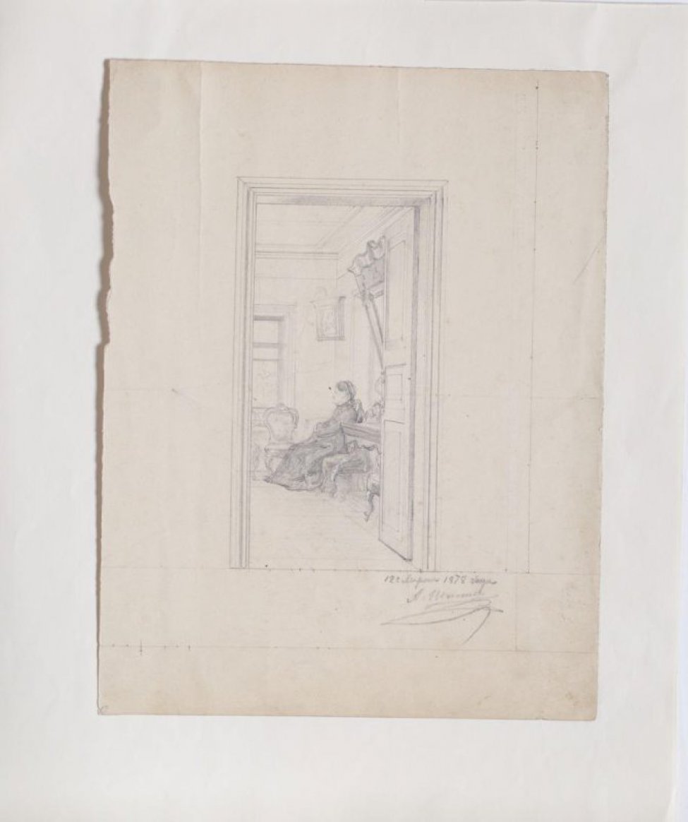В широко раскрытую дверь видна часть комнаты, в которой в углу под иконой изображена в левый профиль пожилая женщина в черном платье. Слева видна часть окна и мягкий стул. Справа из-за двери видны трюмо и стул.