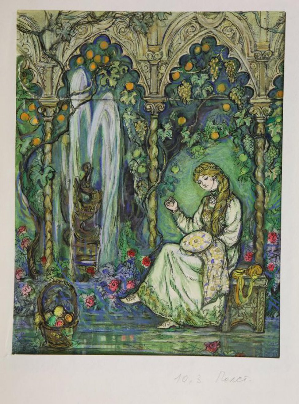 Изображена девушка, сидящая с вышиванием в садовой беседке у фонтана.