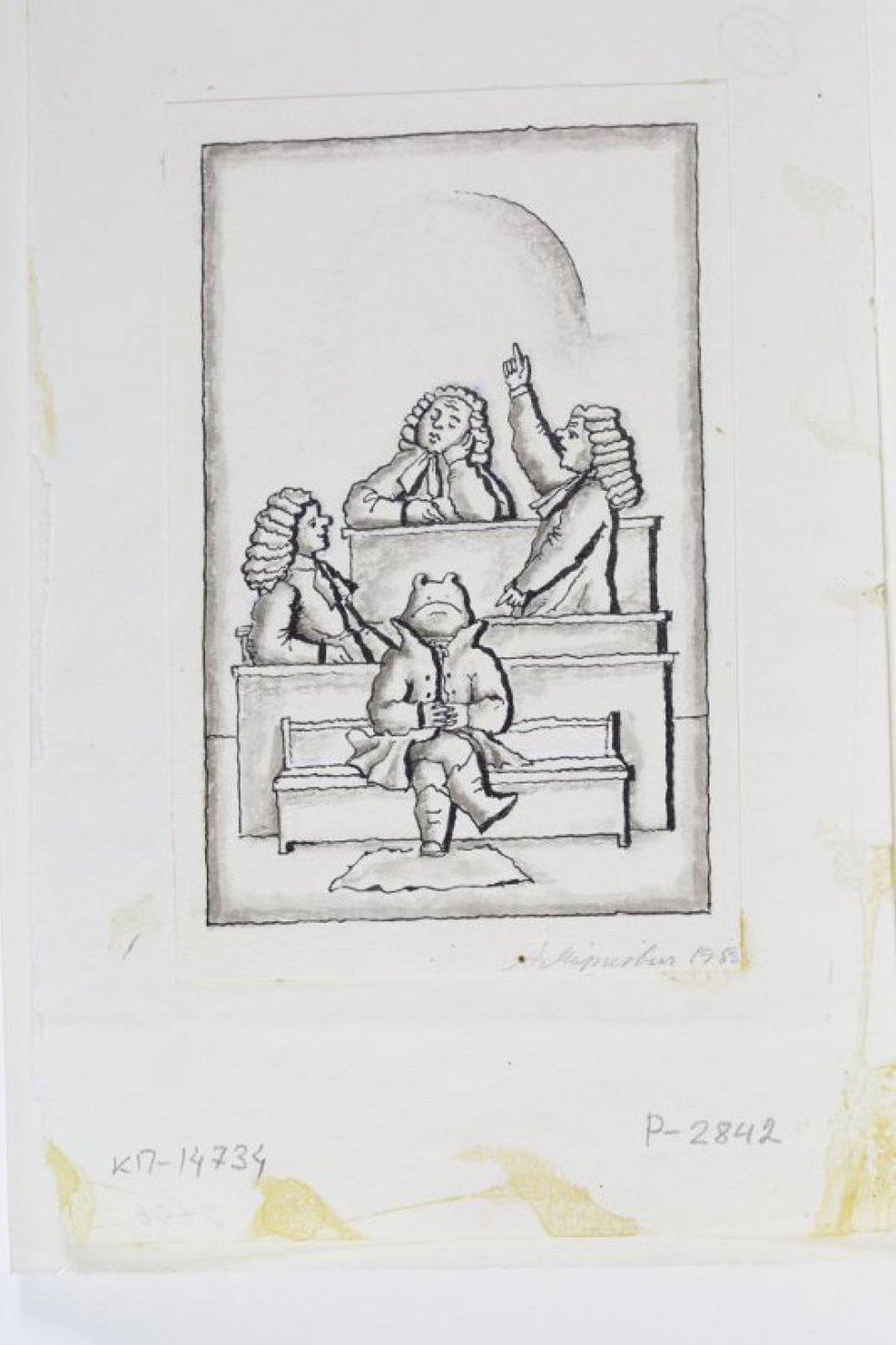 На первом плане в центре композиции - стилизованное изображение лягушки в сюртуке и сапогах, сидящей на скамейке. За ней, на втором плане, фигуры трех человек в париках и судейских мантиях.