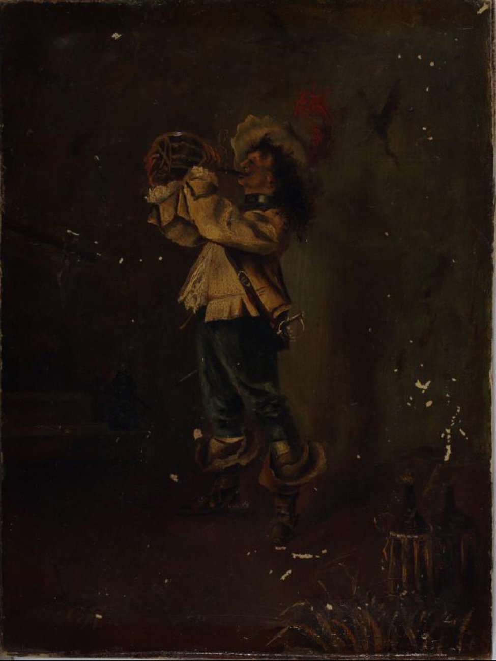 Изображен мужчина в рост (лицо в профиль влево), в шляпе с пером, в светлой одежде, в сапогах с ботфортами (спущенных), пьющий вино.